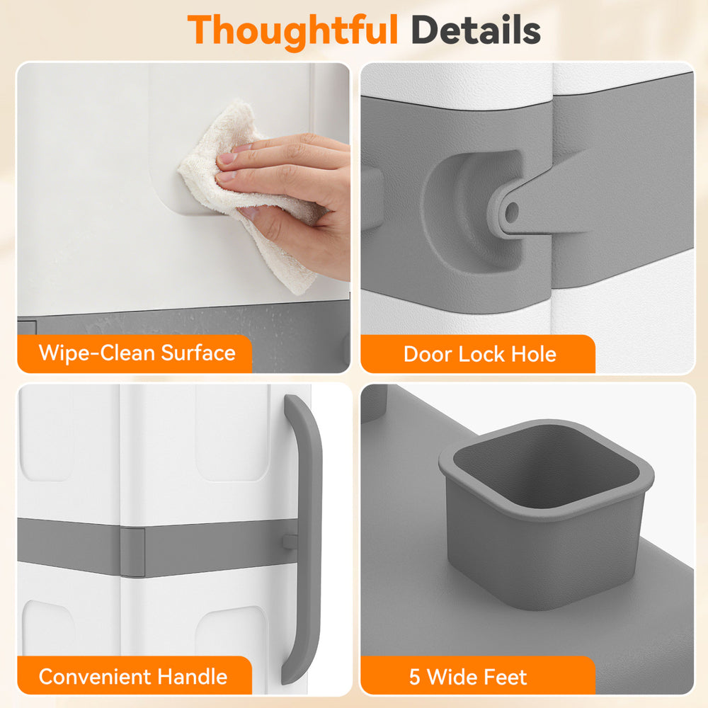 Close-up of the plastic kitchen pantry's wipe-clean surface and convenient handle, featuring adjustable shelves and.