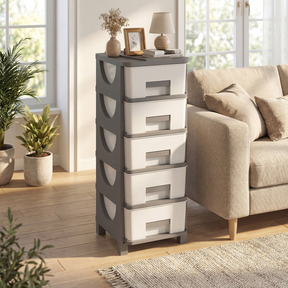 Compact gray plastic storage organizer with five drawers and a spacious tabletop, ideal for bedroom or small spaces.