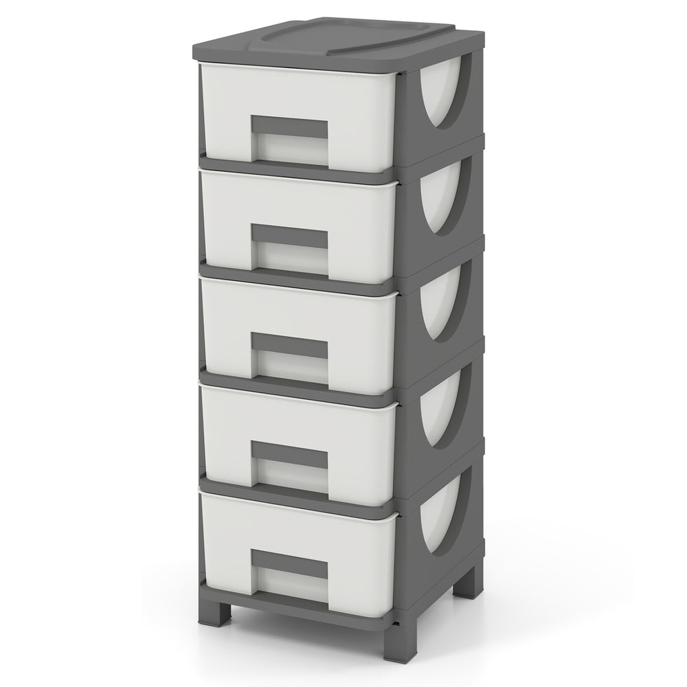 Gray plastic storage organizer with four drawers and handles, designed for compact bedroom or living room use.