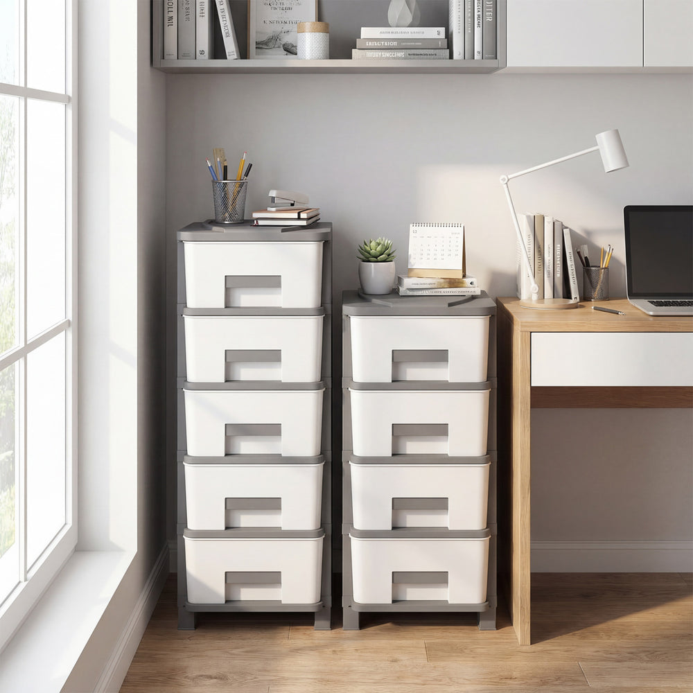 Compact gray plastic storage organizer with handles, featuring six drawers and a spacious tabletop for efficient.