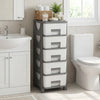 Gray plastic storage organizer with six drawers and a spacious tabletop, ideal for compact bathroom or bedroom use.
