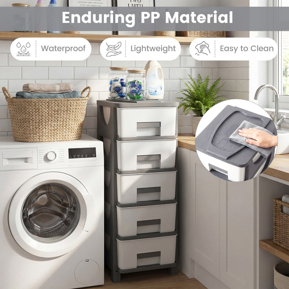 Plastic storage organizer with compact drawers in gray, made of lightweight waterproof PP material for easy cleaning.