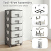 Gray plastic storage organizer with compact drawers, tool-free assembly, and easy-pull handles for bedroom convenience.