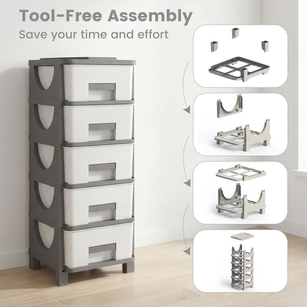 Gray plastic storage organizer with compact drawers, tool-free assembly, and easy-pull handles for bedroom convenience.