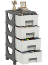 Plastic storage organizer with four drawers and a spacious gray tabletop, ideal for compact bedroom spaces.