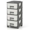 Compact gray plastic storage organizer with four drawers, ideal for bedroom use and maximizing small space storage.