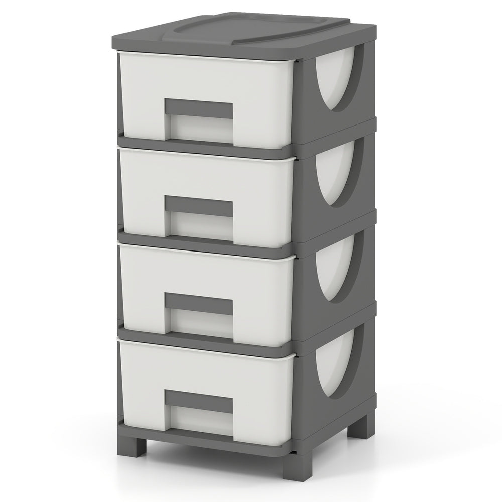 Compact gray plastic storage organizer with four drawers, ideal for bedroom use and maximizing small space storage.