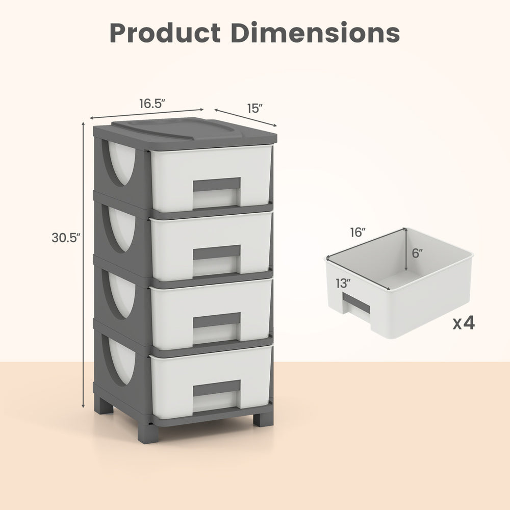 Plastic storage organizer with four drawers in gray, featuring compact design and spacious tabletop for bedroom use.