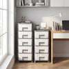 Compact gray plastic storage organizer with drawers and spacious tabletop, perfect for small bedroom spaces.