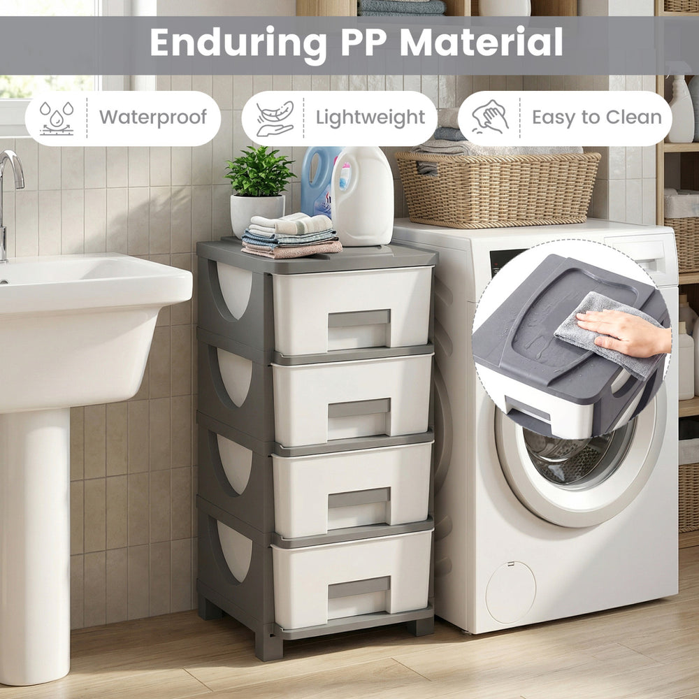 Gray plastic storage organizer with compact drawers, waterproof surface, and easy-pull handles for efficient bedroom.