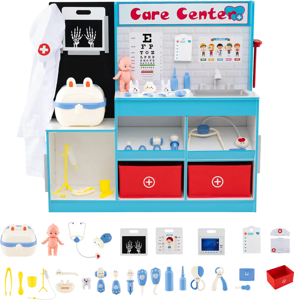 Play Doctor's Office wooden medical center toy set in blue with 29 accessories for imaginative role-playing games.