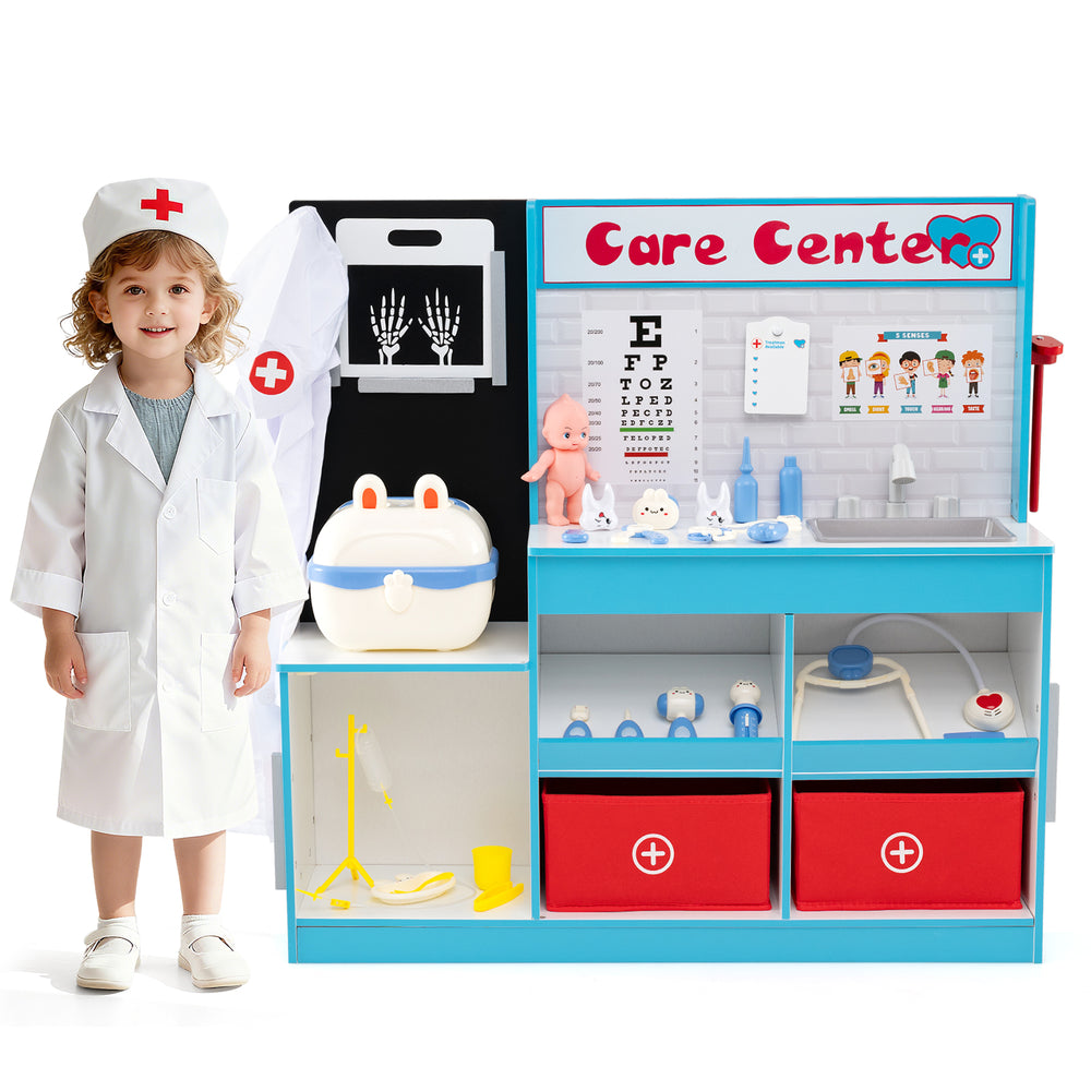 Play Doctor's Office wooden medical center toy set in blue with examine region and 29 medical accessories for.