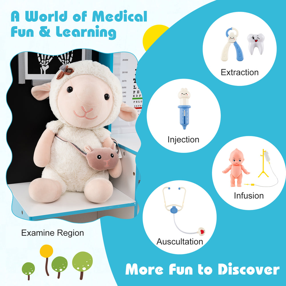 Play Doctor's Office medical center toy set with examine region, featuring 29 accessories for imaginative role play.