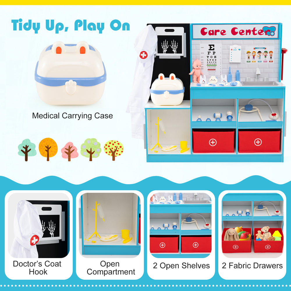 Wood medical center toy set in blue with open compartments, shelves, and a medical carrying case for imaginative play.