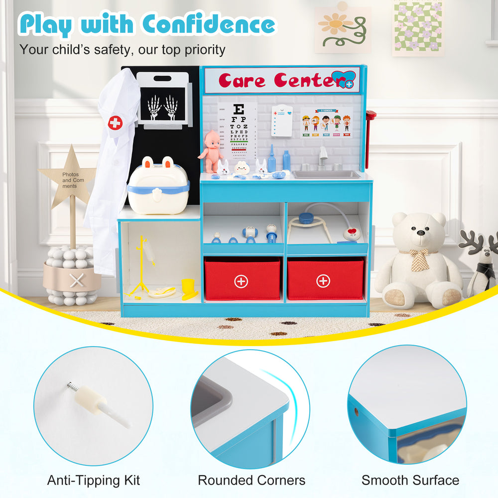 Wood medical center toy set in blue with examine region, storage drawers, and anti-tipping kit for safe role play.