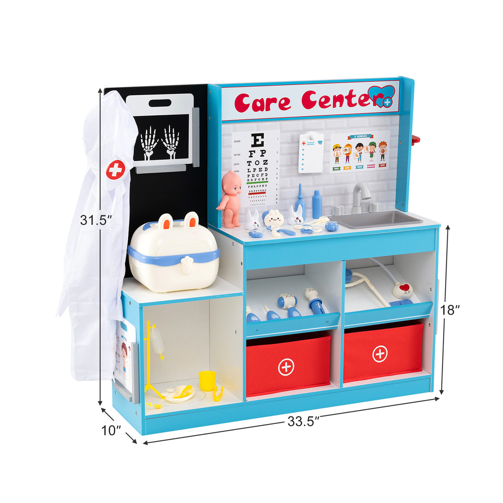 Play Doctor's Office medical center toy set in blue with examine region, sink, and 29 medical accessories for role play.