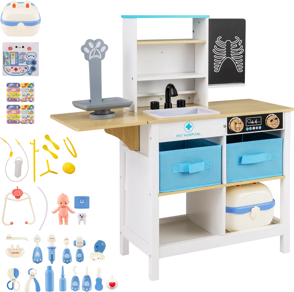 Wood medical center toy set with blackboard, sink, storage drawers, and various medical accessories for imaginative.