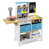 Wooden medical center toy set with blackboard, sink, storage drawers, and pet scale for imaginative play.