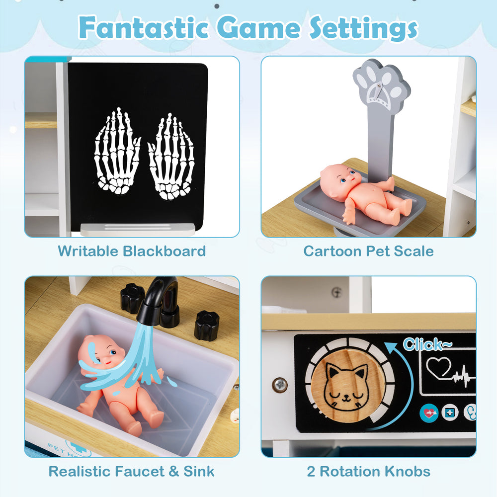 Cartoon pet scale and realistic sink in the Play Doctor's Office Wood Medical Center Toy Set for imaginative play.