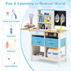 Wooden medical center toy set with blackboard, featuring pet scale, sink, and storage for pretend play activities.