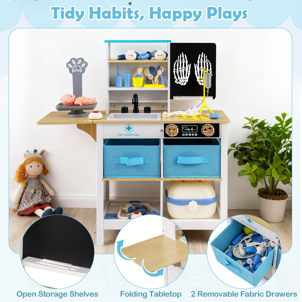 Play Doctor's Office toy set with folding tabletop, open storage shelves, and removable fabric drawers for imaginative.