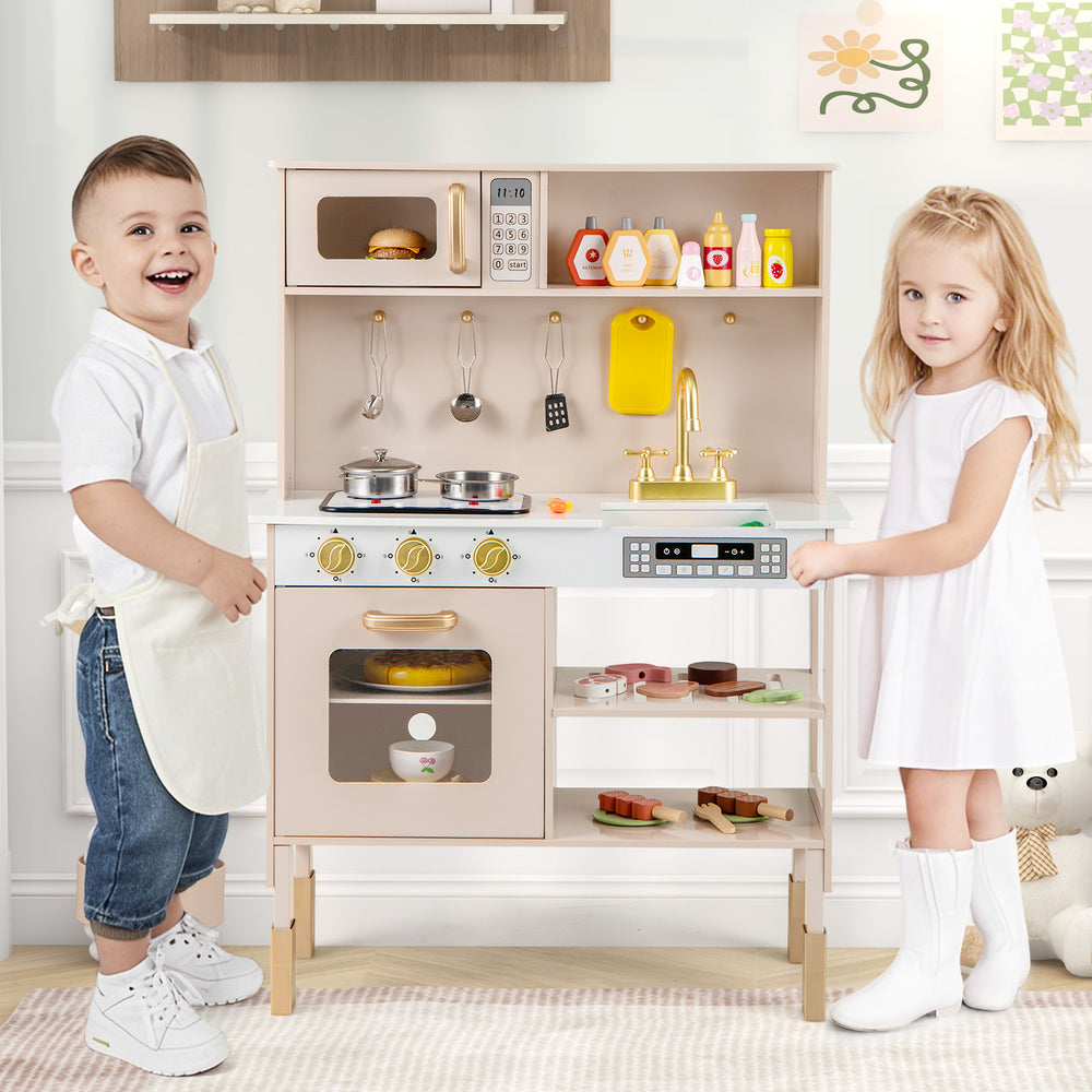 Play kitchen with adjustable height, dual stoves, microwave, and accessories for imaginative role-playing fun.