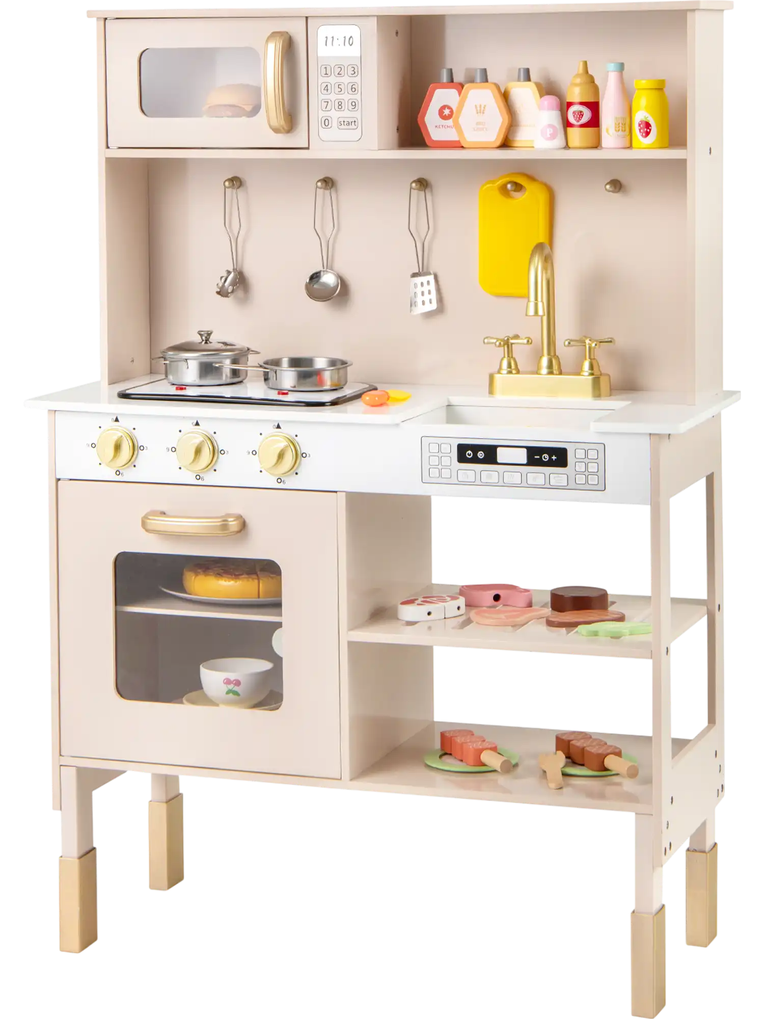 Costway Height Adjustable Wooden Play Kitchen w/ Microwave Lights Sounds 847936521 New