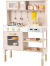 Height-adjustable pink play kitchen with dual stoves, microwave, and lights, featuring ample storage and accessories.