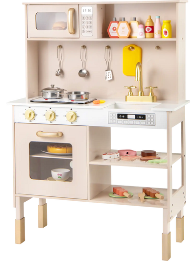 Costway Height Adjustable Wooden Play Kitchen w/ Microwave Lights Sounds 847936521 New