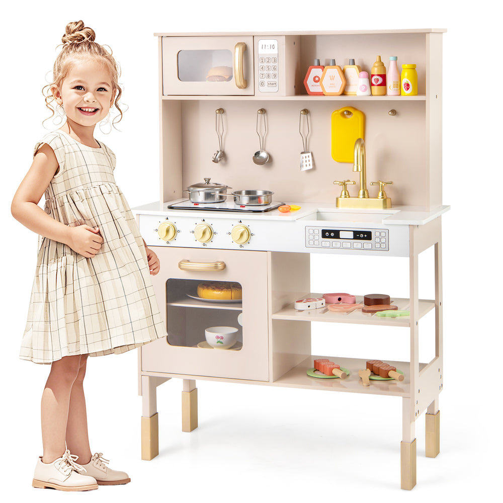 Height-adjustable pink play kitchen with microwave, dual stoves, and lights, perfect for imaginative role-playing.