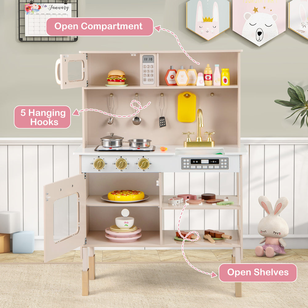 Height-adjustable pink play kitchen with microwave, dual stoves, open shelves, and 5 hanging hooks for imaginative play.