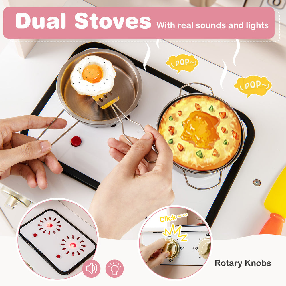 Dual stoves with lights and sounds, featuring rotary knobs, for interactive play in a height-adjustable pink kitchen.