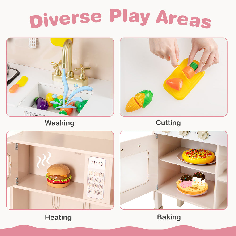 Play kitchen with microwave, sink, and oven features for imaginative role-playing and adjustable heights in pink.
