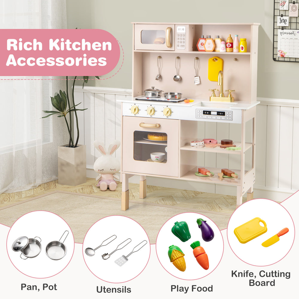 Height-adjustable pink play kitchen with dual stoves, microwave, and rich accessories for imaginative role-playing.