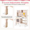 Height adjustable play kitchen in pink with microwave, dual stoves, and rich accessories for imaginative role-playing.