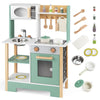 Wooden play kitchen set in green with chalkboard, accessories, and ample storage for imaginative cooking fun.