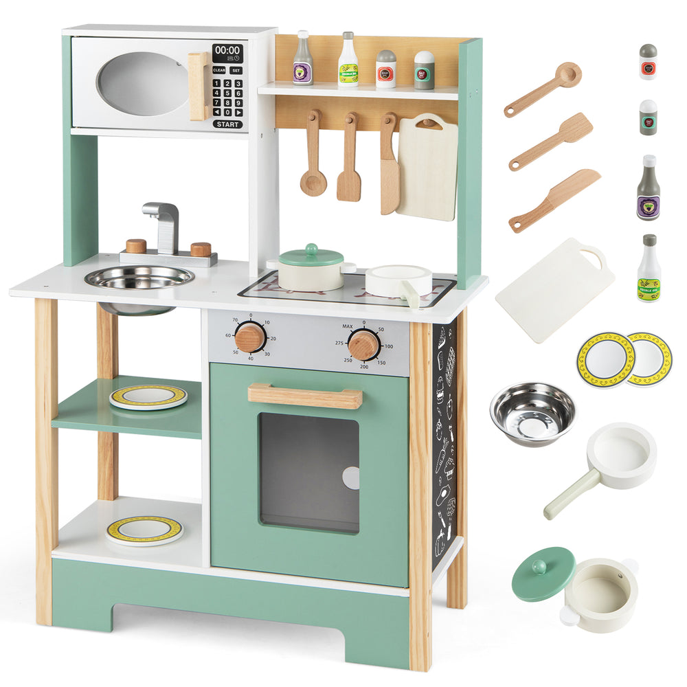 Wooden play kitchen set in green with chalkboard, accessories, and ample storage for imaginative cooking fun.