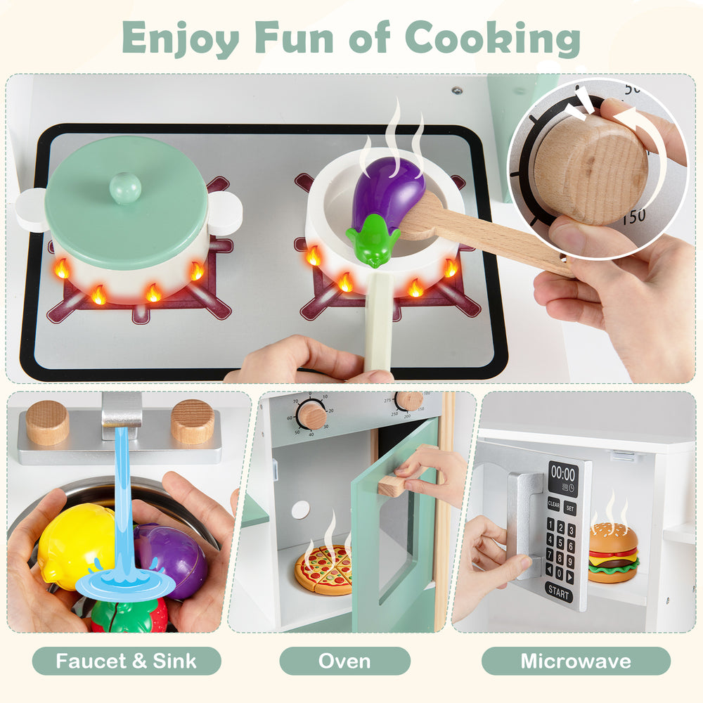 Wooden toy kitchen playset with sink, oven, and microwave, featuring a chalkboard for kids aged 3+, perfect for.