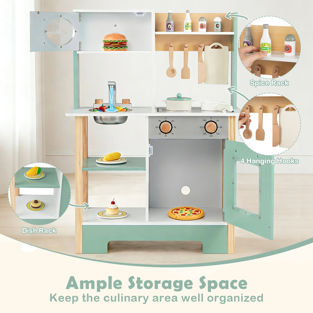 Wooden toy kitchen playset in green with ample storage, spice rack, and dish rack for organized play and creativity.