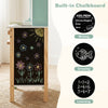 Wooden toy kitchen playset with built-in chalkboard for writing and drawing, perfect for kids aged 3+, in green.