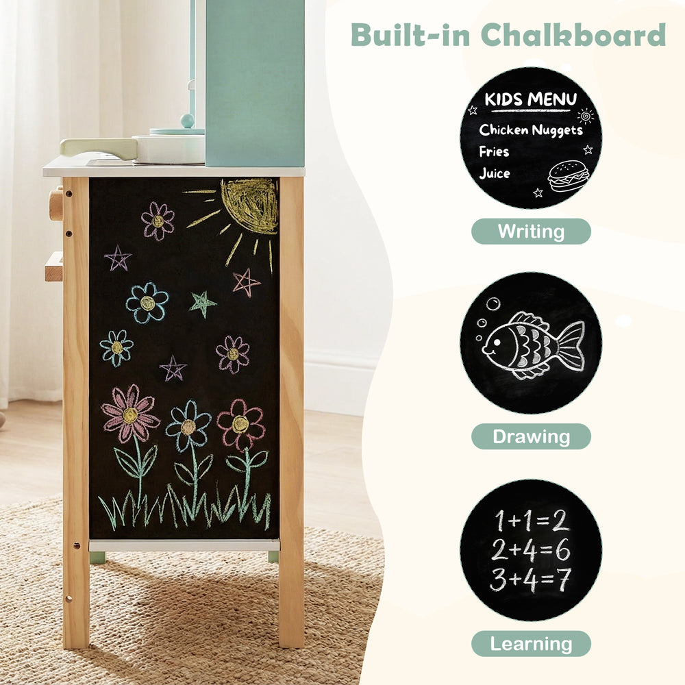 Wooden toy kitchen playset with built-in chalkboard for writing and drawing, perfect for kids aged 3+, in green.