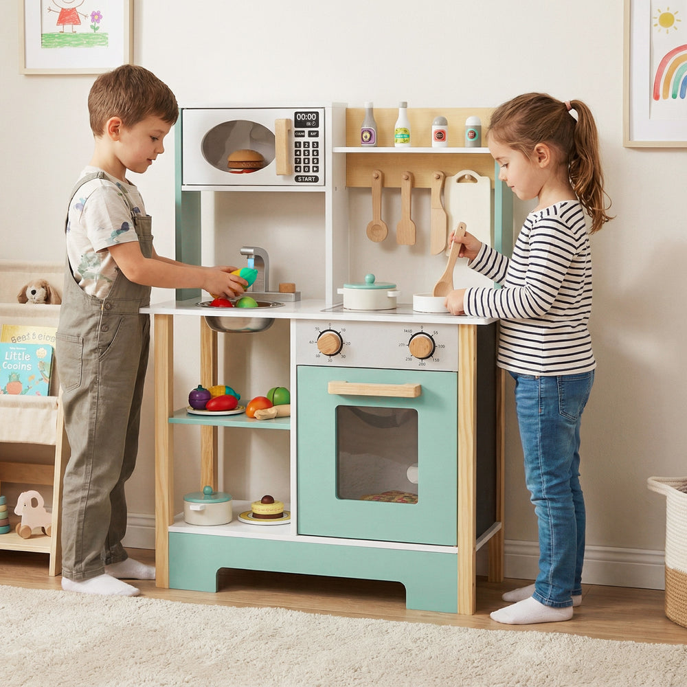 Wooden play kitchen set in green with accessories, chalkboard, and ample storage for kids aged 3+, perfect for.