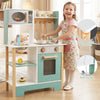 Wooden play kitchen set in green with chalkboard, safe round corners, and ample storage for kids aged 3+.