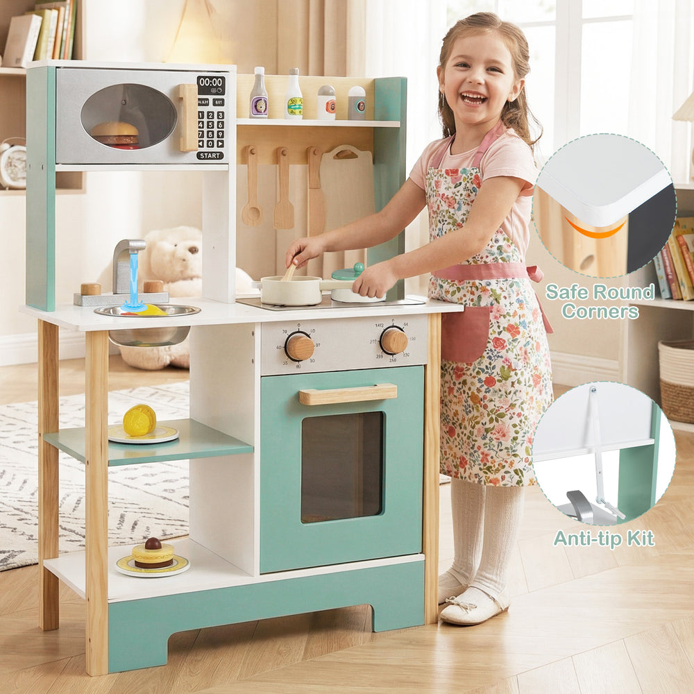 Play Kitchen Wooden Toy Kitchen Playset with Chalkboard Birthday Gift for Kids Aged 3 +-Green - Gallery View 1 of 11