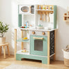 Wooden play kitchen set in green with chalkboard, stove, and storage for kids aged 3+, perfect for imaginative cooking.