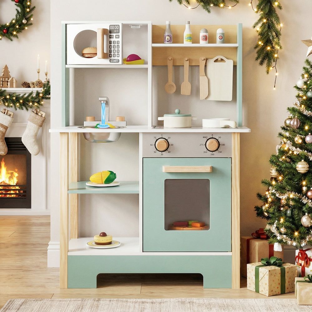 Wooden play kitchen set in green with chalkboard, storage, and accessories for kids aged 3+, perfect for imaginative.