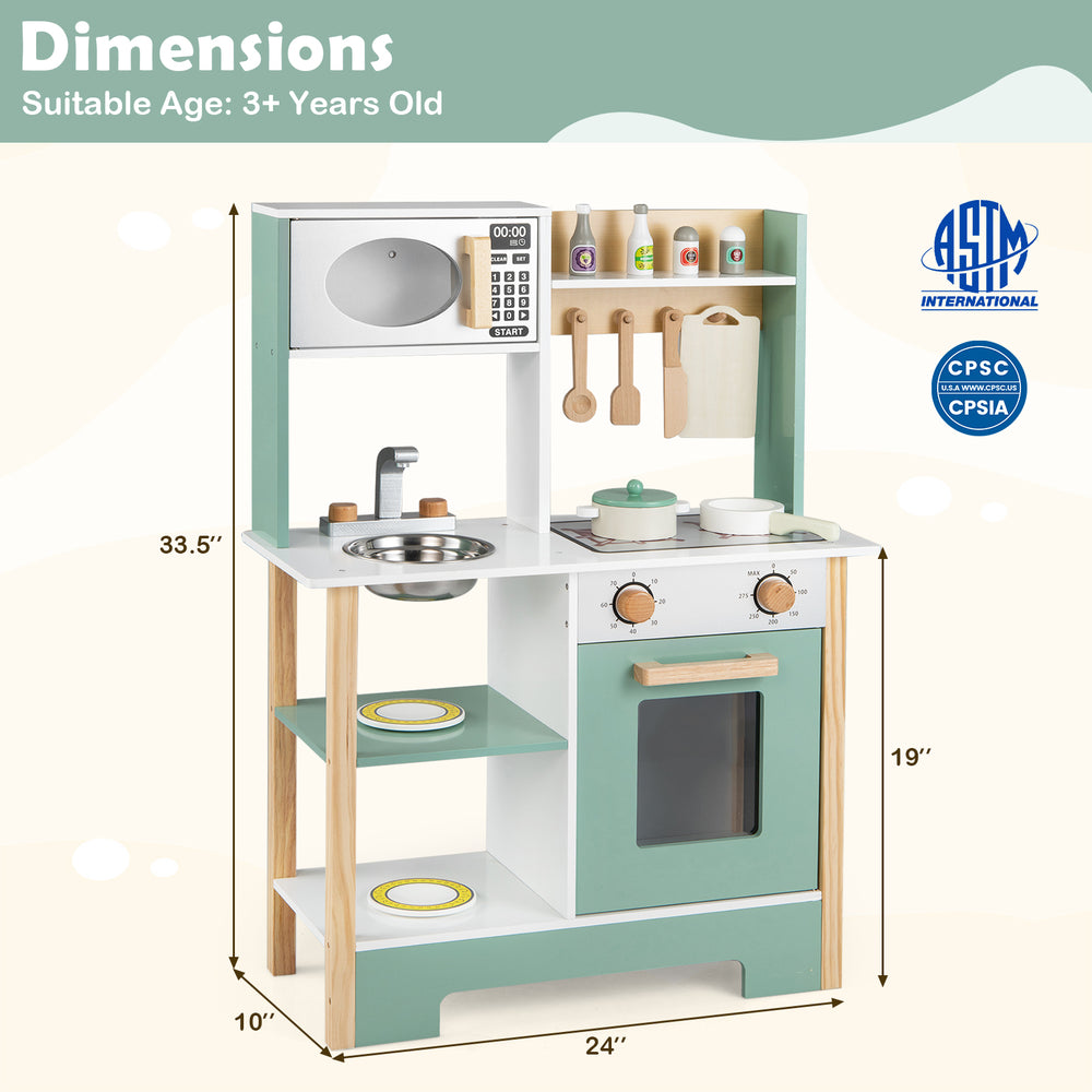 Wooden play kitchen set in green with chalkboard, sink, oven, and ample storage for kids aged 3+, perfect for.