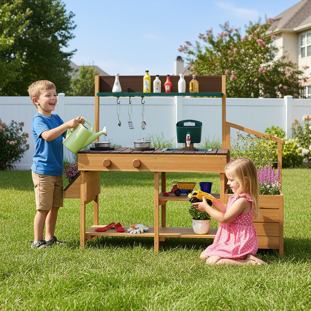 Play Kitchen for Kids Wooden Toy Kitchen Playset Pretend Mud Kitchen-Brown - Gallery View 1 of 11