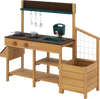 Wooden play kitchen for kids featuring a sink, two stoves, and storage shelves, ideal for imaginative outdoor play.