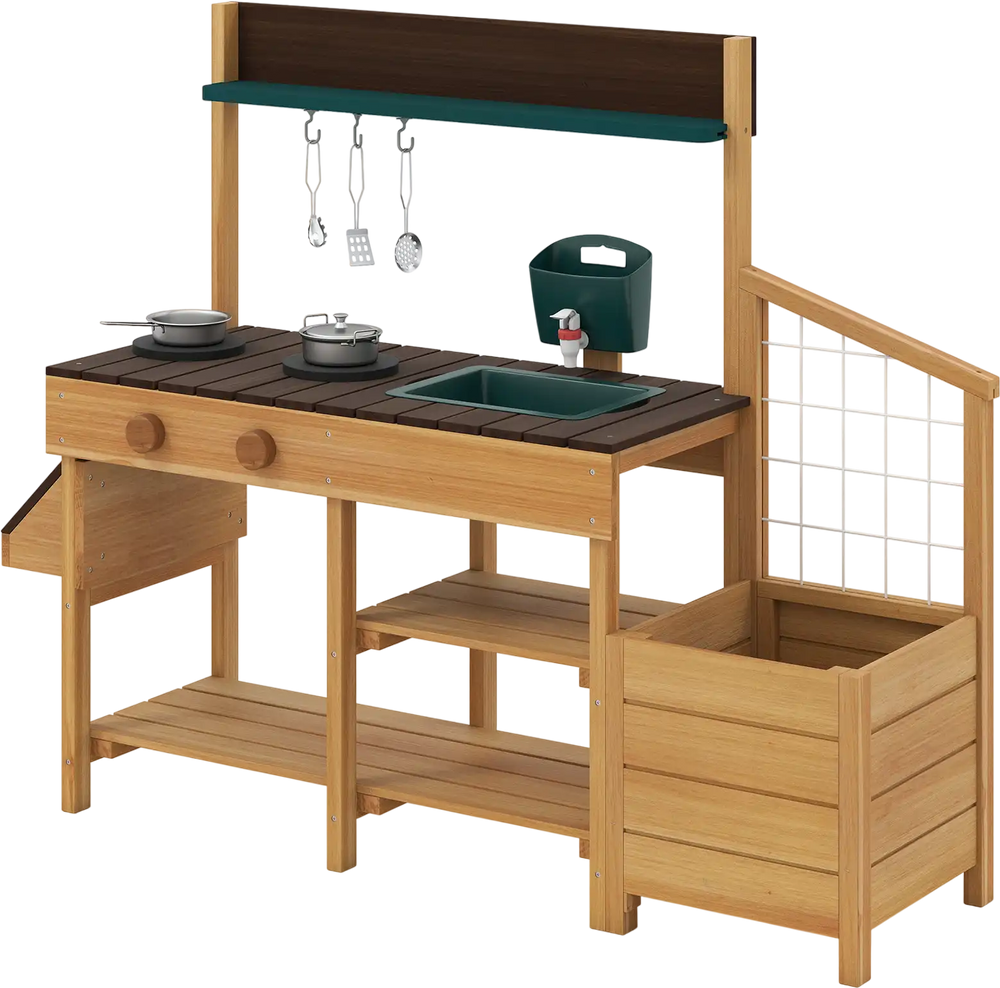 Wooden play kitchen for kids featuring a sink, two stoves, and storage shelves, ideal for imaginative outdoor play.